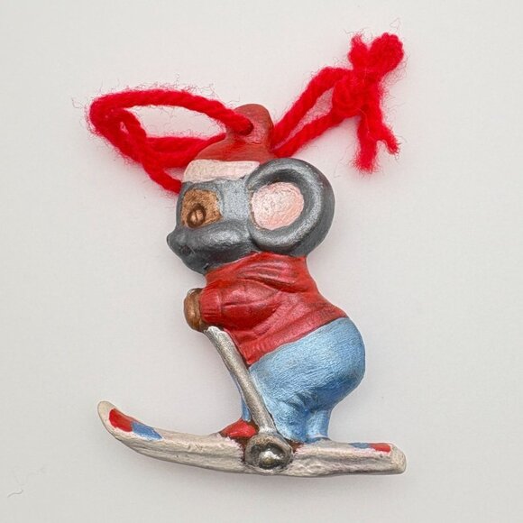 Vintage Mouse Skier Christmas Tree Ornament Hand Painted Skiing - Picture 2 of 6